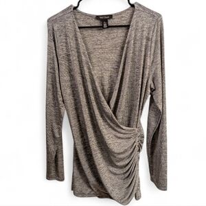 White House Black Market Silver Shimmery Low Cut Wrap Blouse Long Sleeve Size XL